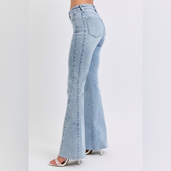 Judy Blue MR Light Wash Button Fly Rhinestone Side Panel Flare Jeans Various NEW - Picture 11 of 16